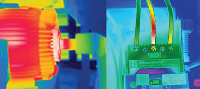 l'immagine mostra la scansione termica del motoriduttore a sinistra e una scansione termica di un circuito stampato a destra