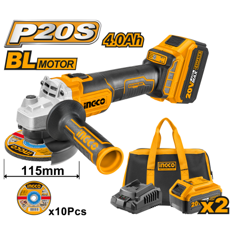 Smerigliatrice Angolare 115mm 20V + 2 Batterie + Borsa + 10 Dischi
